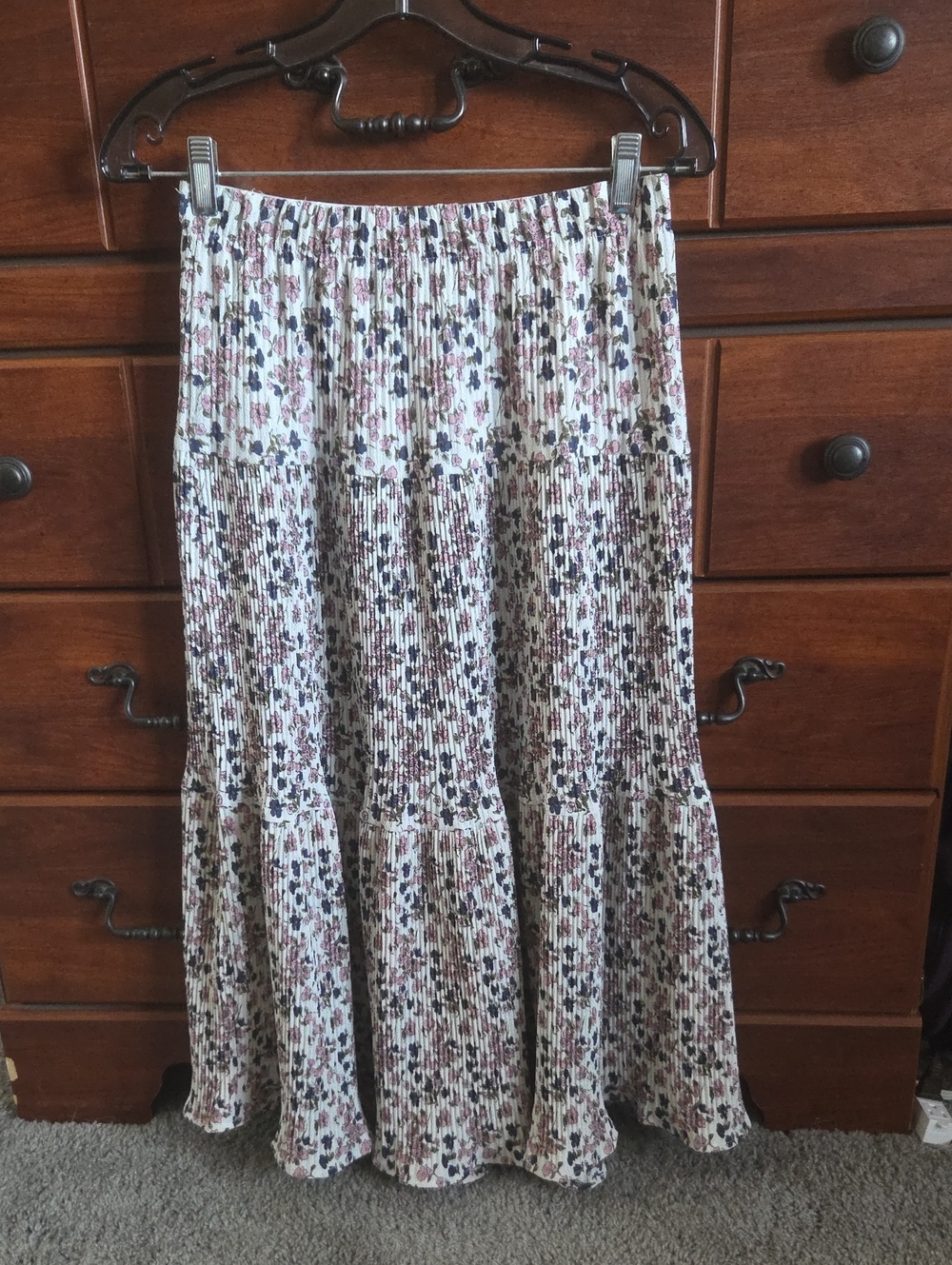 Alice Blue White Floral Tiered Maxi Skirt with Pink & Black Accents